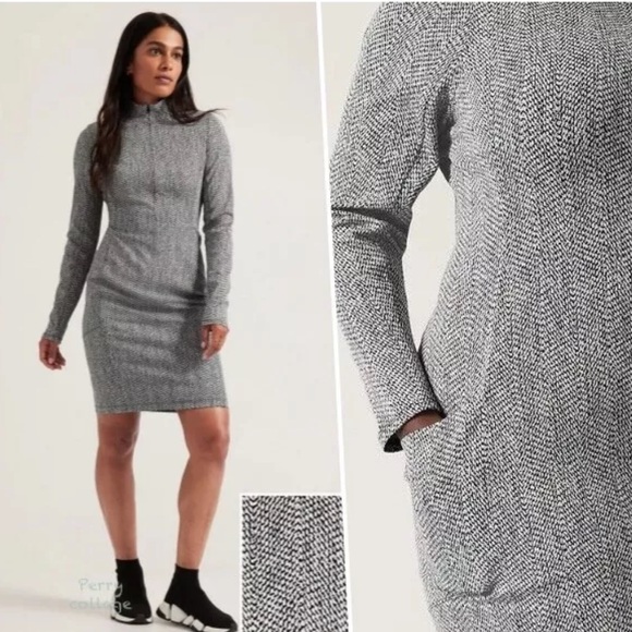 Athleta Delancey Textured Zip Front Mock Neck Long Sleeve Herringbone Dress L - Picture 1 of 15